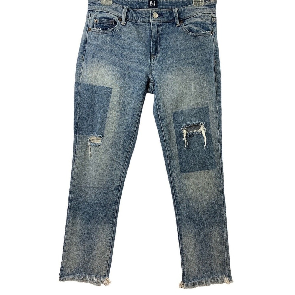 Gap Girlfriend Jeans Womens Size 25 Patches Light Wash Denim Distress Raw Hem